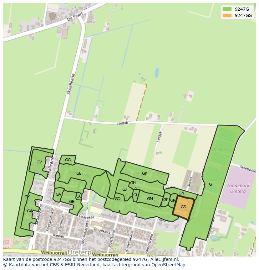 Afbeelding van het postcodegebied 9247 GS op de kaart.