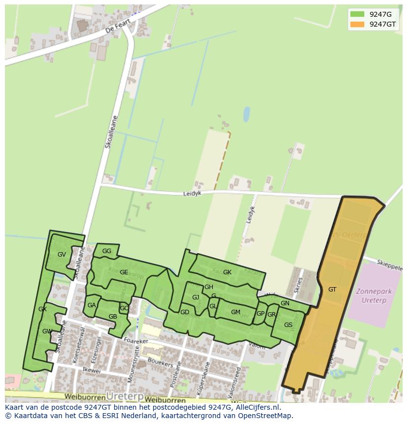 Afbeelding van het postcodegebied 9247 GT op de kaart.