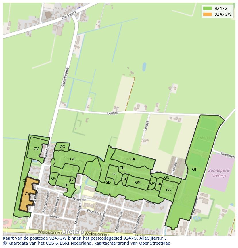 Afbeelding van het postcodegebied 9247 GW op de kaart.