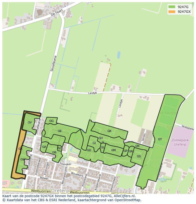 Afbeelding van het postcodegebied 9247 GX op de kaart.
