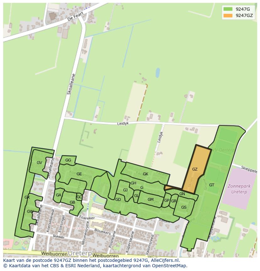Afbeelding van het postcodegebied 9247 GZ op de kaart.