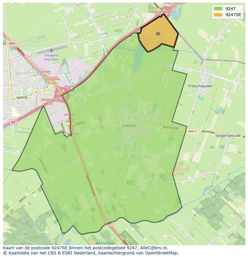 Afbeelding van het postcodegebied 9247 SE op de kaart.