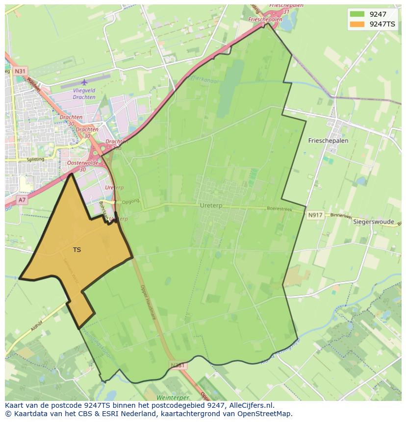 Afbeelding van het postcodegebied 9247 TS op de kaart.