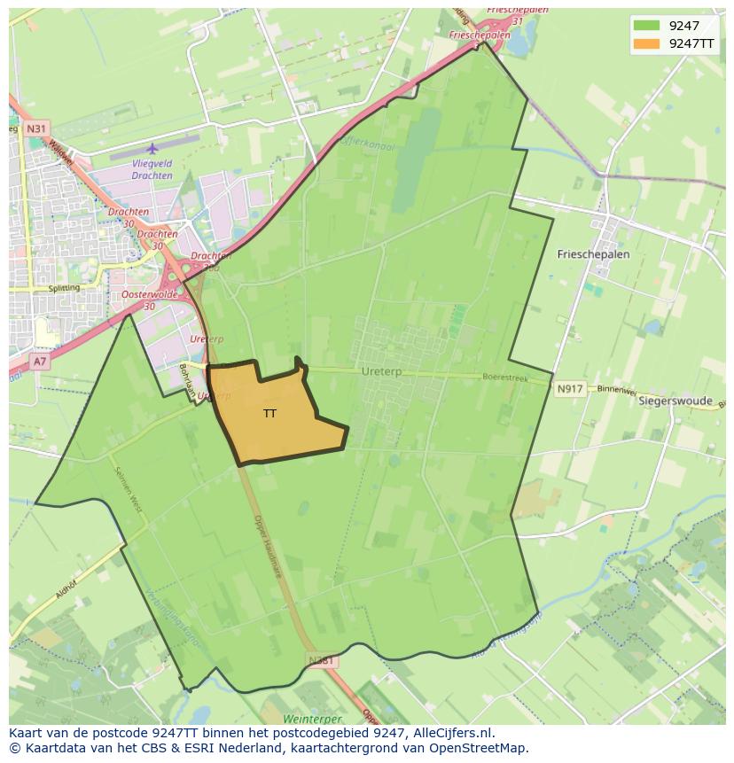 Afbeelding van het postcodegebied 9247 TT op de kaart.