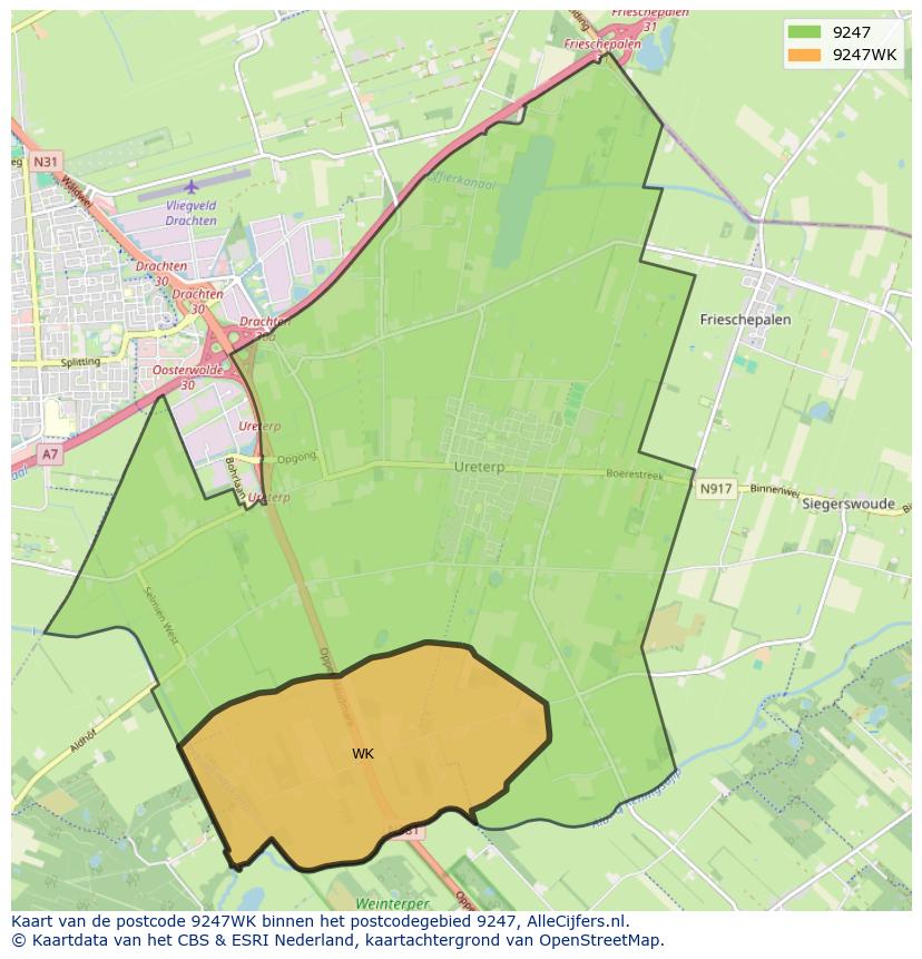 Afbeelding van het postcodegebied 9247 WK op de kaart.
