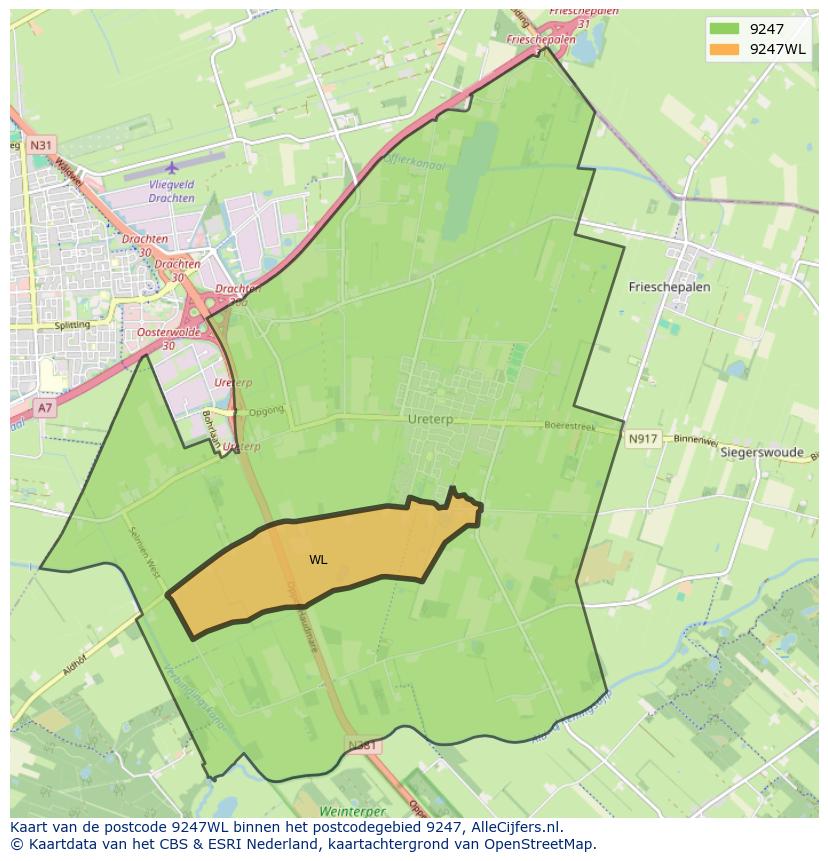 Afbeelding van het postcodegebied 9247 WL op de kaart.