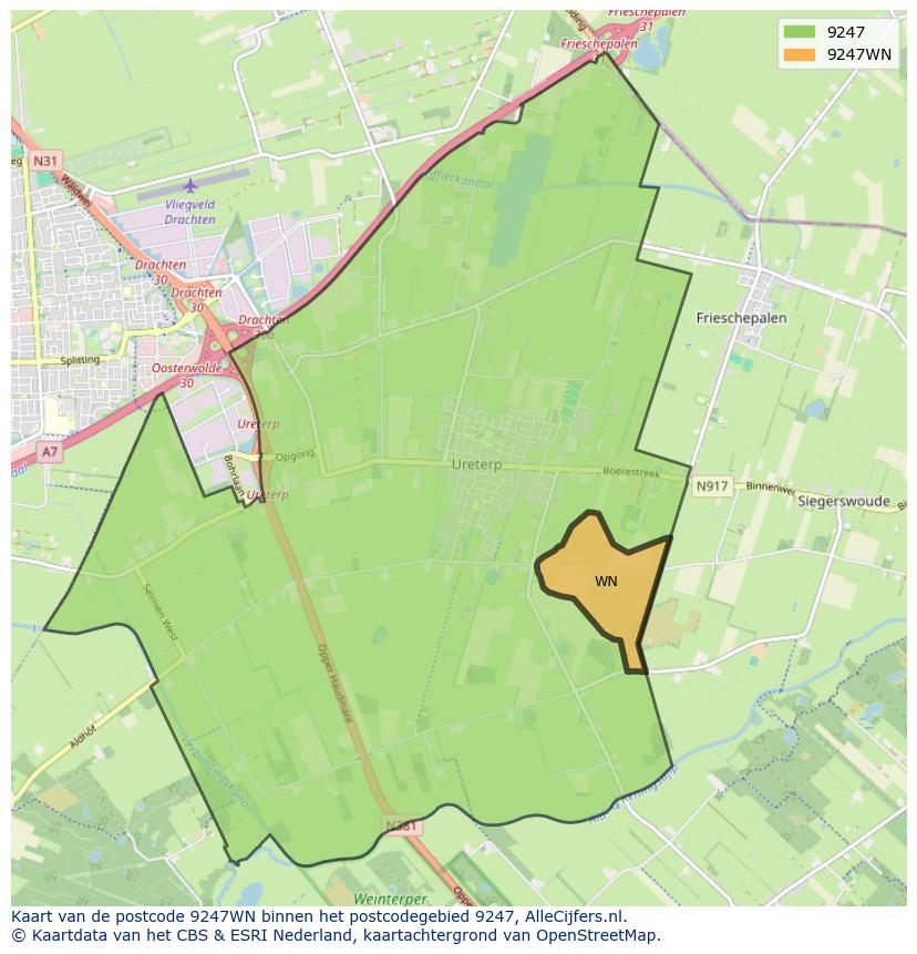 Afbeelding van het postcodegebied 9247 WN op de kaart.