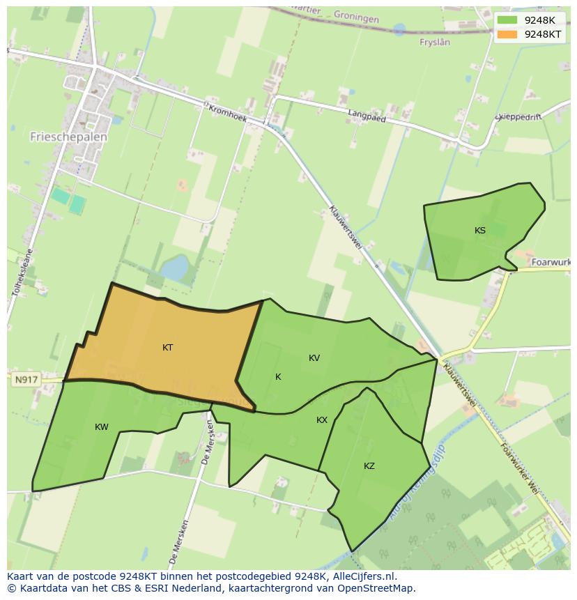 Afbeelding van het postcodegebied 9248 KT op de kaart.