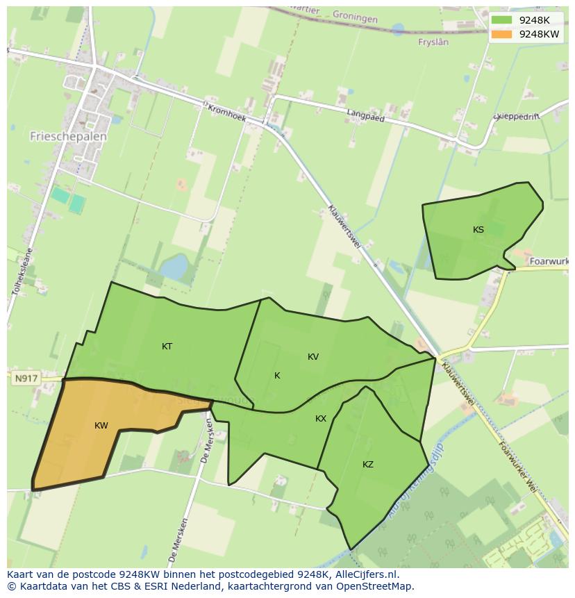 Afbeelding van het postcodegebied 9248 KW op de kaart.