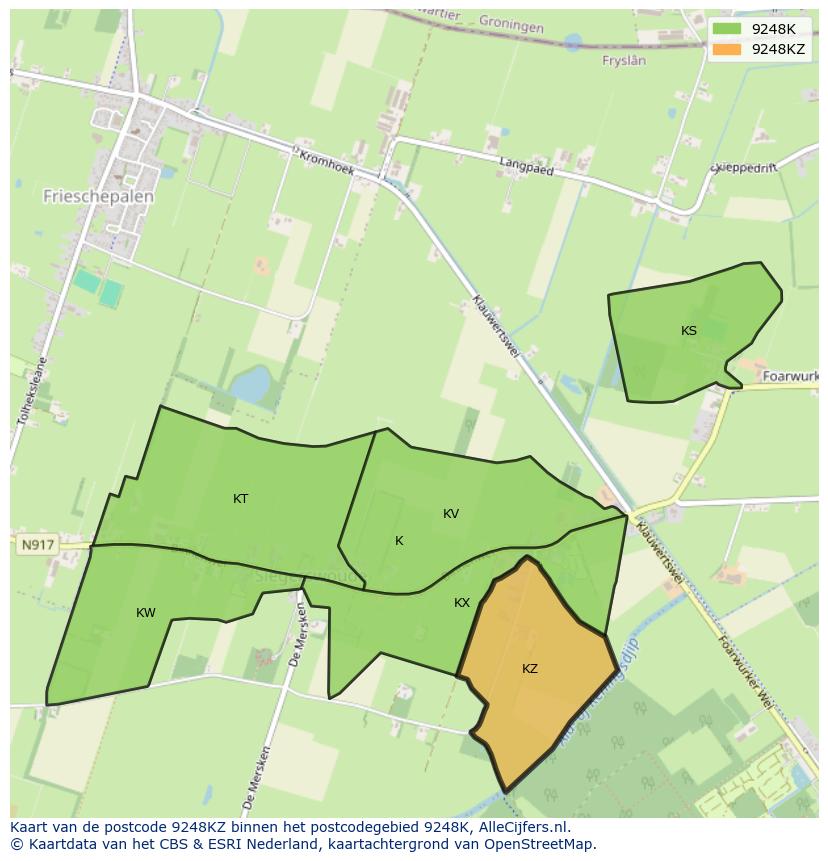 Afbeelding van het postcodegebied 9248 KZ op de kaart.