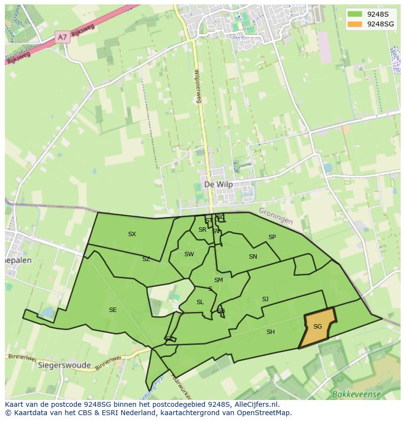 Afbeelding van het postcodegebied 9248 SG op de kaart.