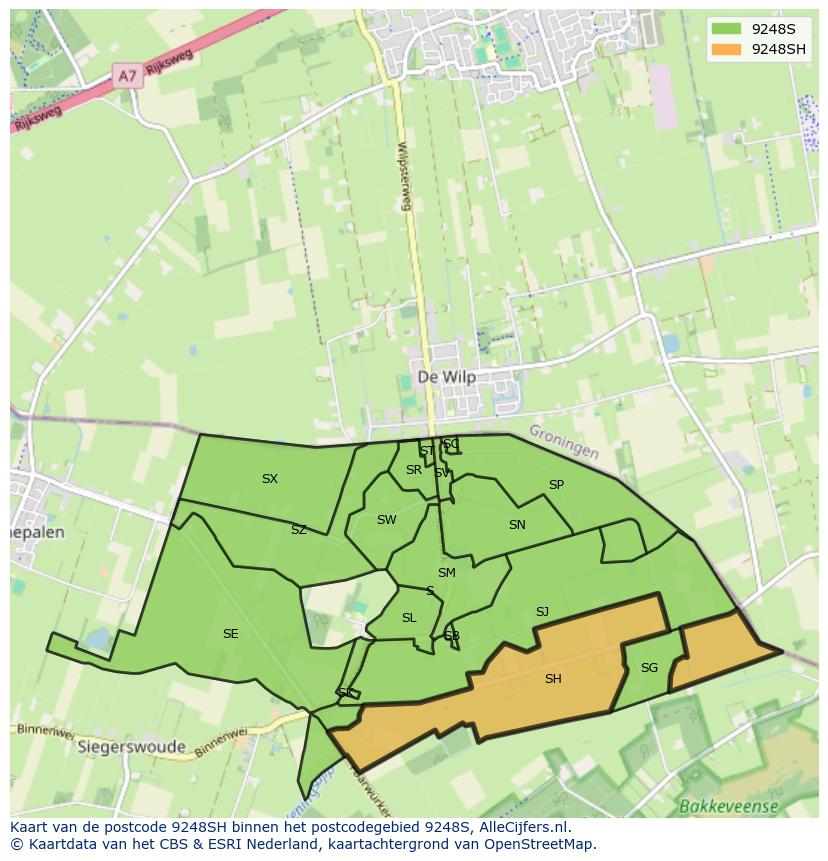 Afbeelding van het postcodegebied 9248 SH op de kaart.