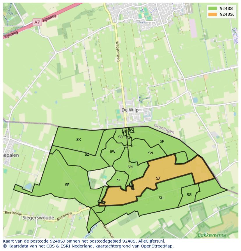 Afbeelding van het postcodegebied 9248 SJ op de kaart.