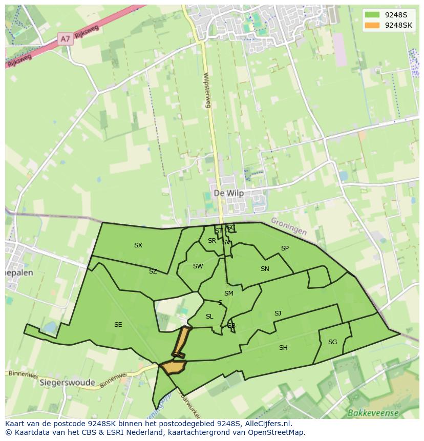 Afbeelding van het postcodegebied 9248 SK op de kaart.