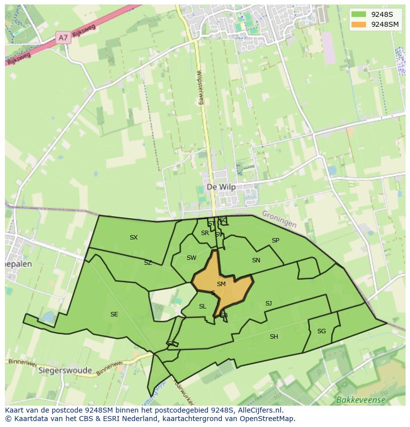 Afbeelding van het postcodegebied 9248 SM op de kaart.