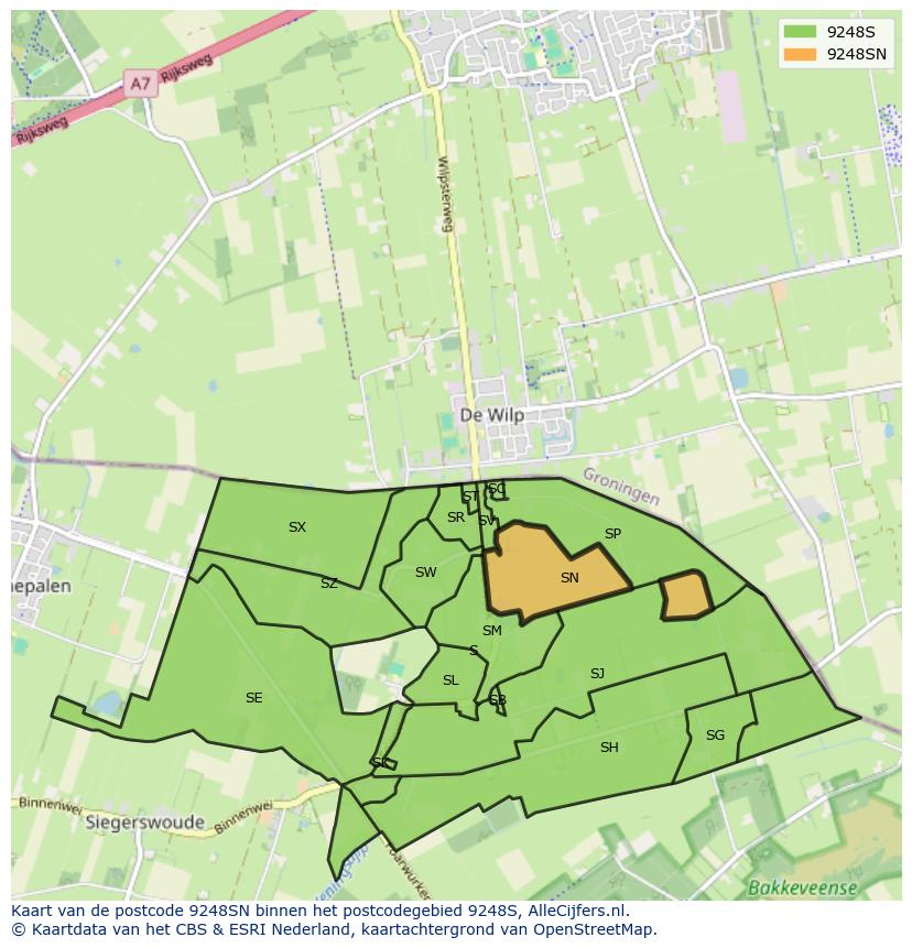 Afbeelding van het postcodegebied 9248 SN op de kaart.