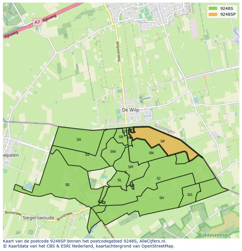 Afbeelding van het postcodegebied 9248 SP op de kaart.