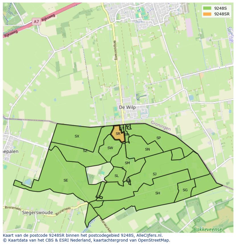 Afbeelding van het postcodegebied 9248 SR op de kaart.