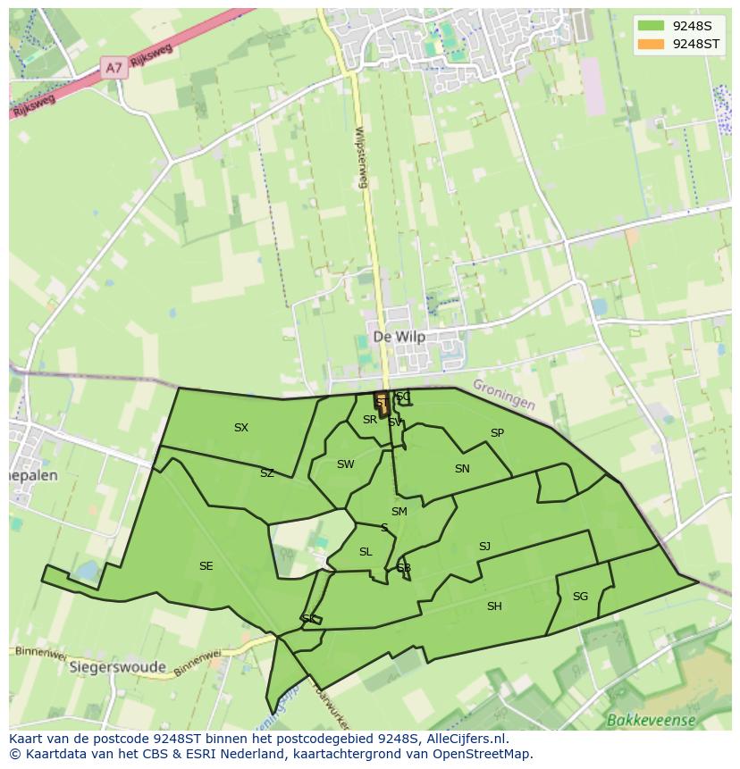 Afbeelding van het postcodegebied 9248 ST op de kaart.