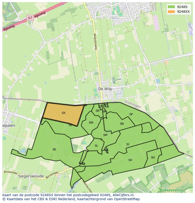 Afbeelding van het postcodegebied 9248 SX op de kaart.