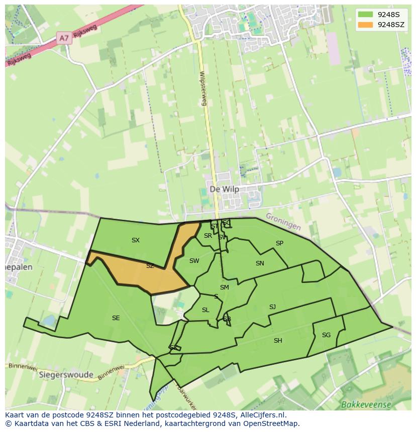 Afbeelding van het postcodegebied 9248 SZ op de kaart.