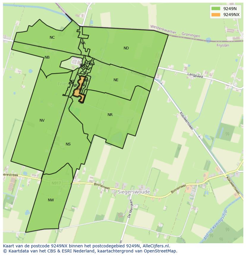 Afbeelding van het postcodegebied 9249 NX op de kaart.