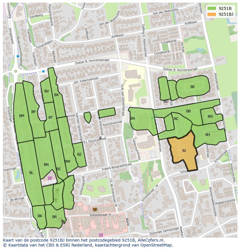 Afbeelding van het postcodegebied 9251 BJ op de kaart.