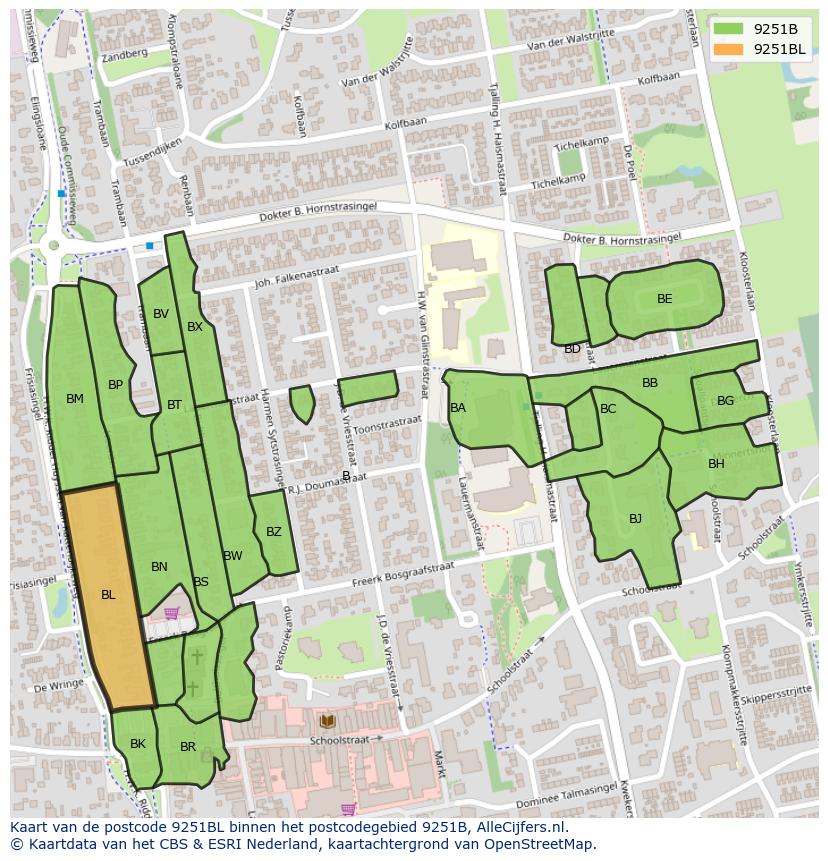 Afbeelding van het postcodegebied 9251 BL op de kaart.