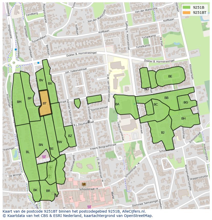 Afbeelding van het postcodegebied 9251 BT op de kaart.