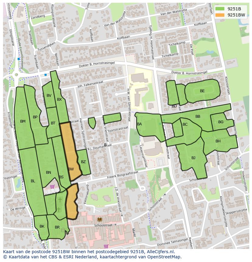 Afbeelding van het postcodegebied 9251 BW op de kaart.