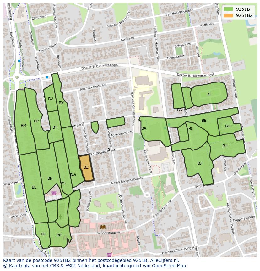 Afbeelding van het postcodegebied 9251 BZ op de kaart.