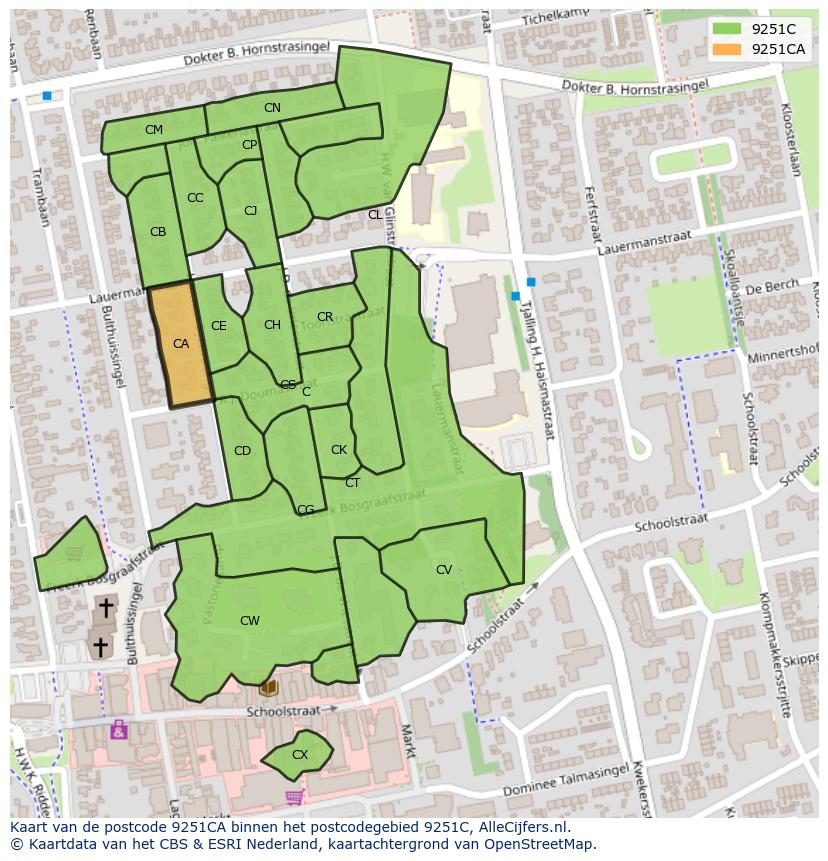 Afbeelding van het postcodegebied 9251 CA op de kaart.