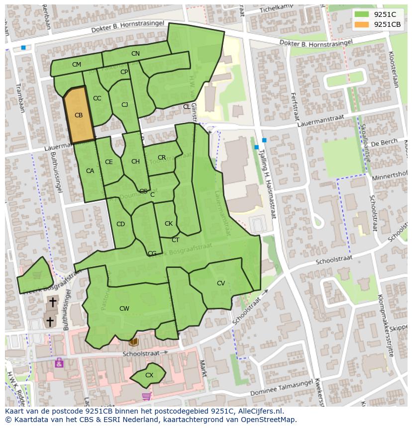 Afbeelding van het postcodegebied 9251 CB op de kaart.