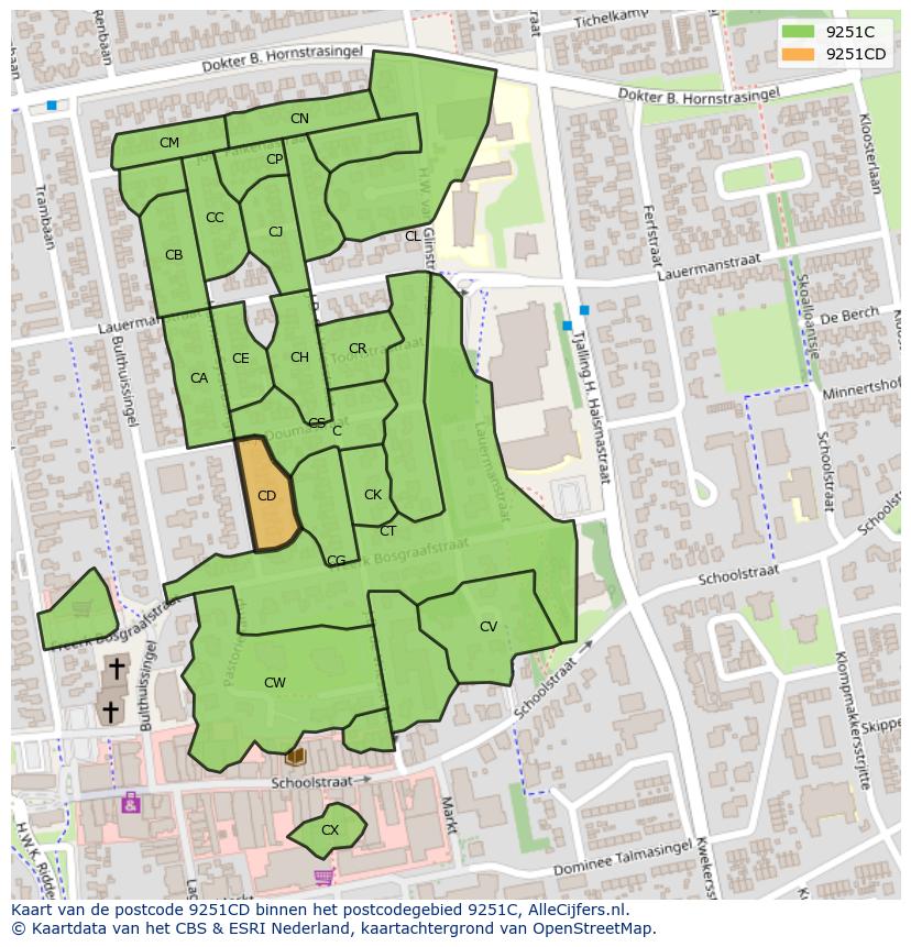 Afbeelding van het postcodegebied 9251 CD op de kaart.