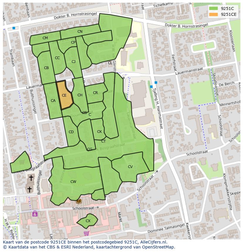Afbeelding van het postcodegebied 9251 CE op de kaart.