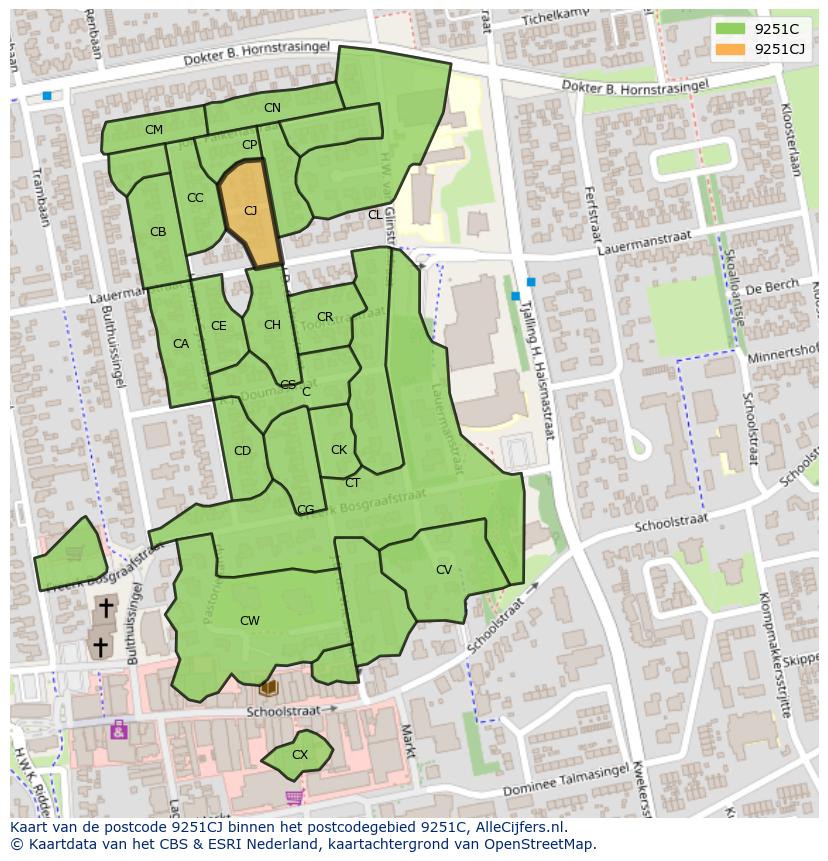 Afbeelding van het postcodegebied 9251 CJ op de kaart.