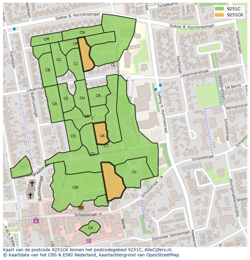 Afbeelding van het postcodegebied 9251 CK op de kaart.