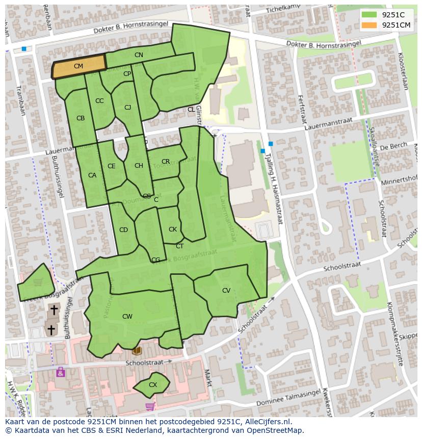 Afbeelding van het postcodegebied 9251 CM op de kaart.