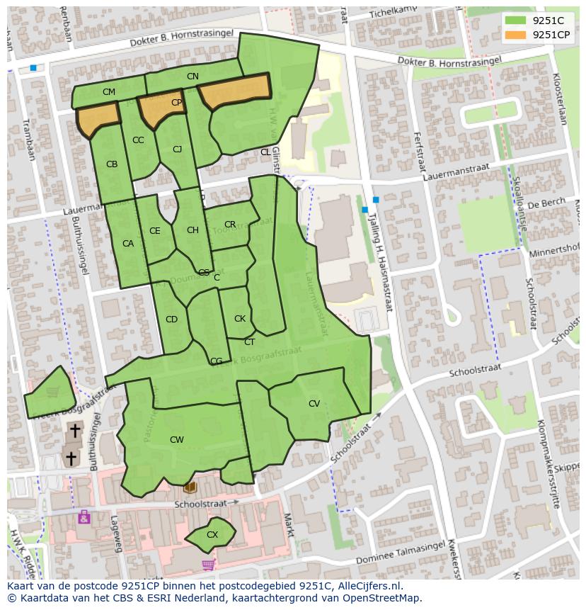 Afbeelding van het postcodegebied 9251 CP op de kaart.