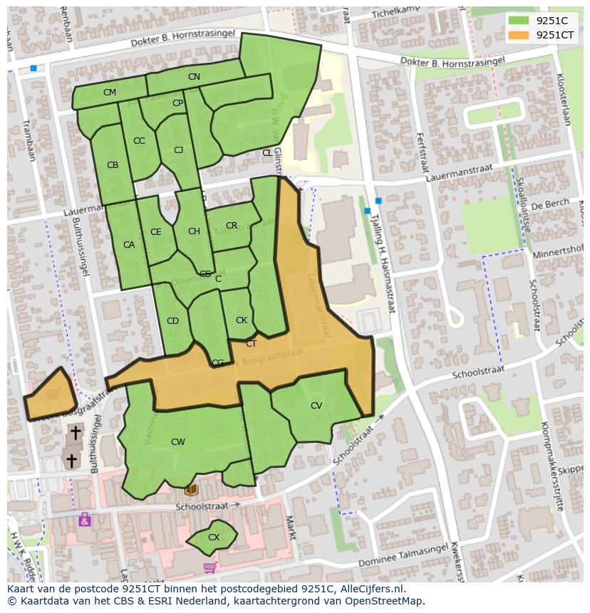Afbeelding van het postcodegebied 9251 CT op de kaart.