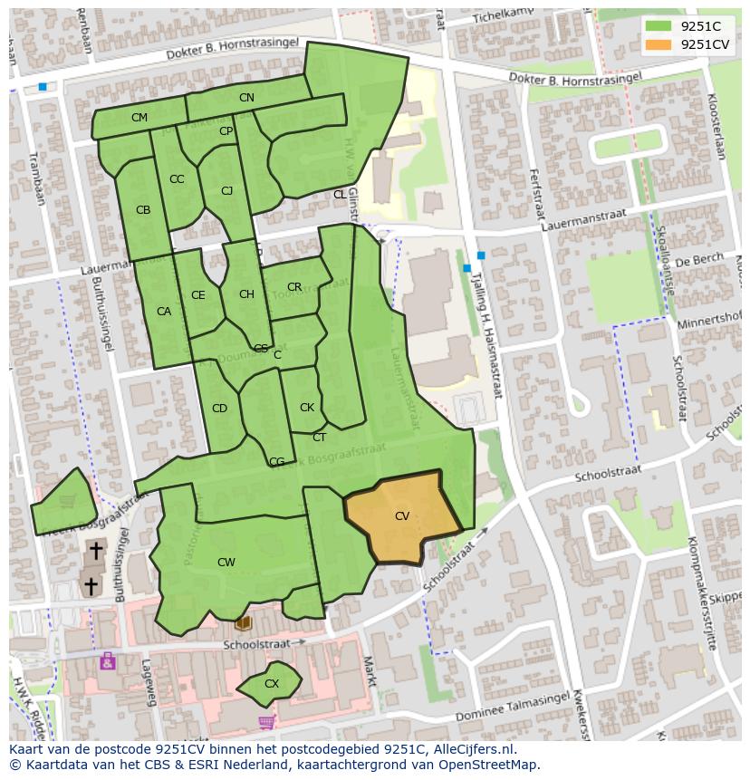 Afbeelding van het postcodegebied 9251 CV op de kaart.