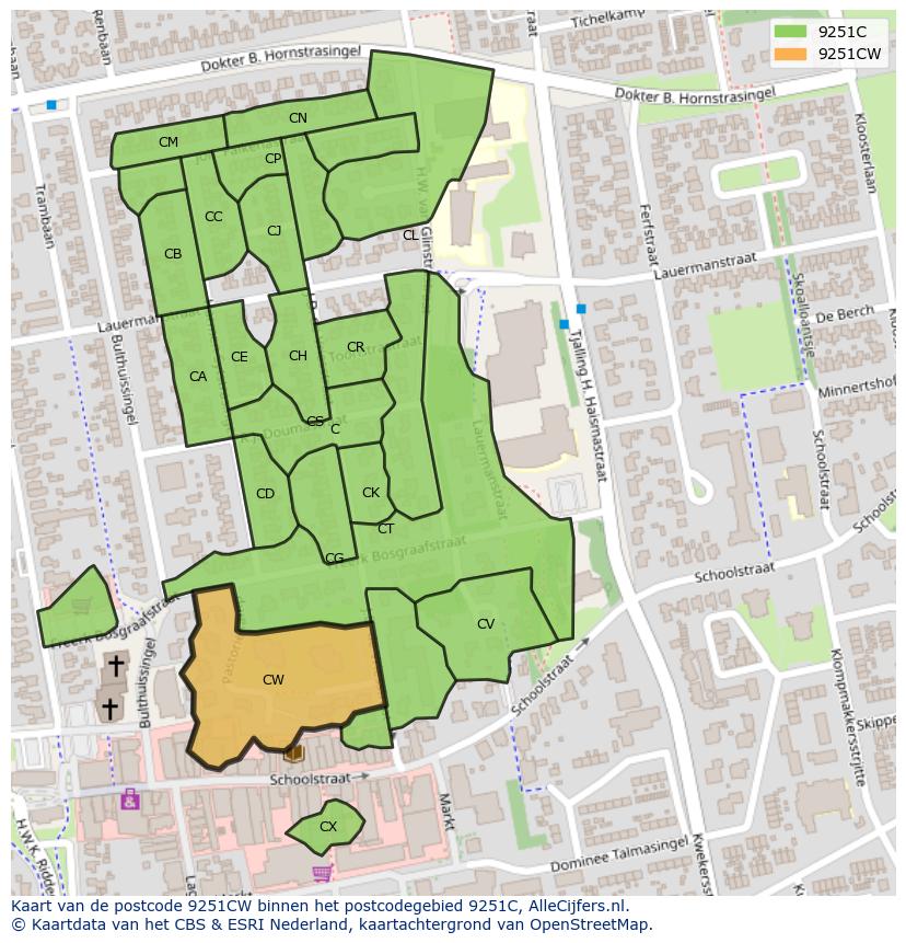 Afbeelding van het postcodegebied 9251 CW op de kaart.
