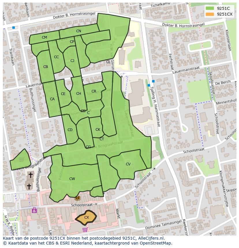 Afbeelding van het postcodegebied 9251 CX op de kaart.