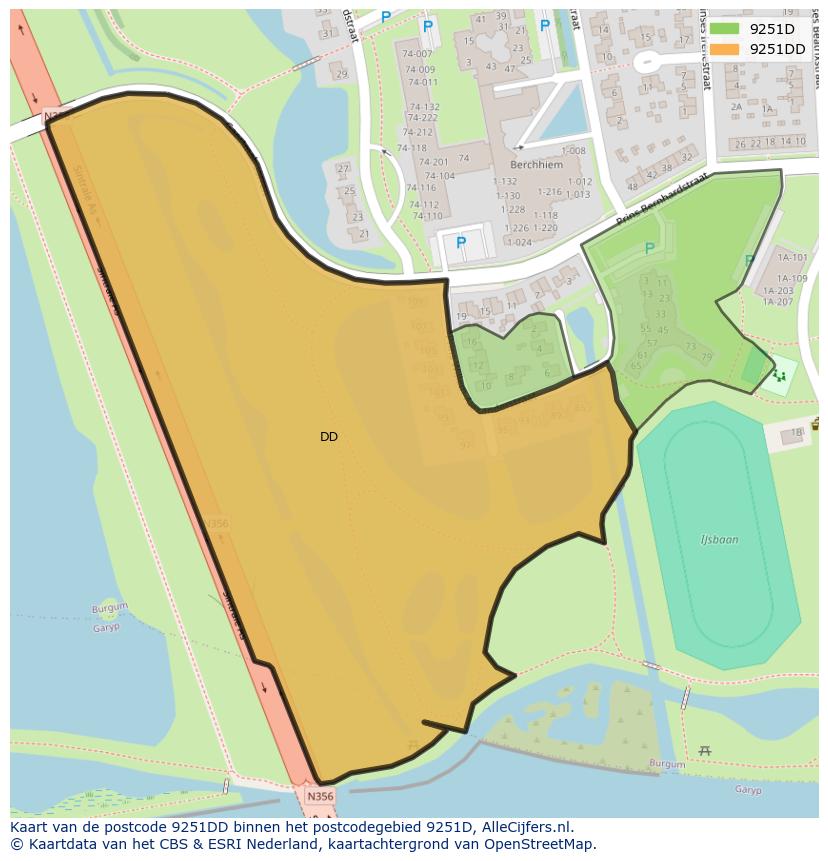 Afbeelding van het postcodegebied 9251 DD op de kaart.