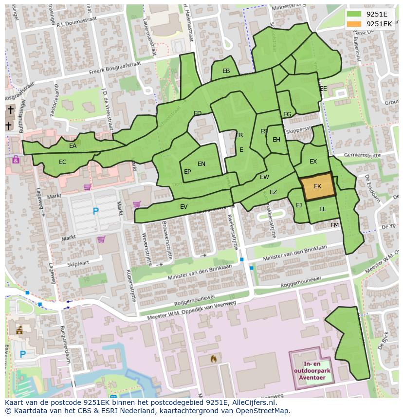 Afbeelding van het postcodegebied 9251 EK op de kaart.