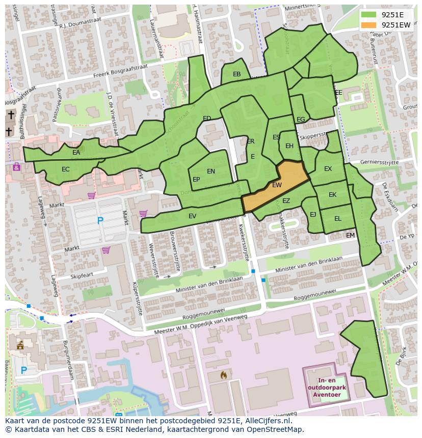 Afbeelding van het postcodegebied 9251 EW op de kaart.