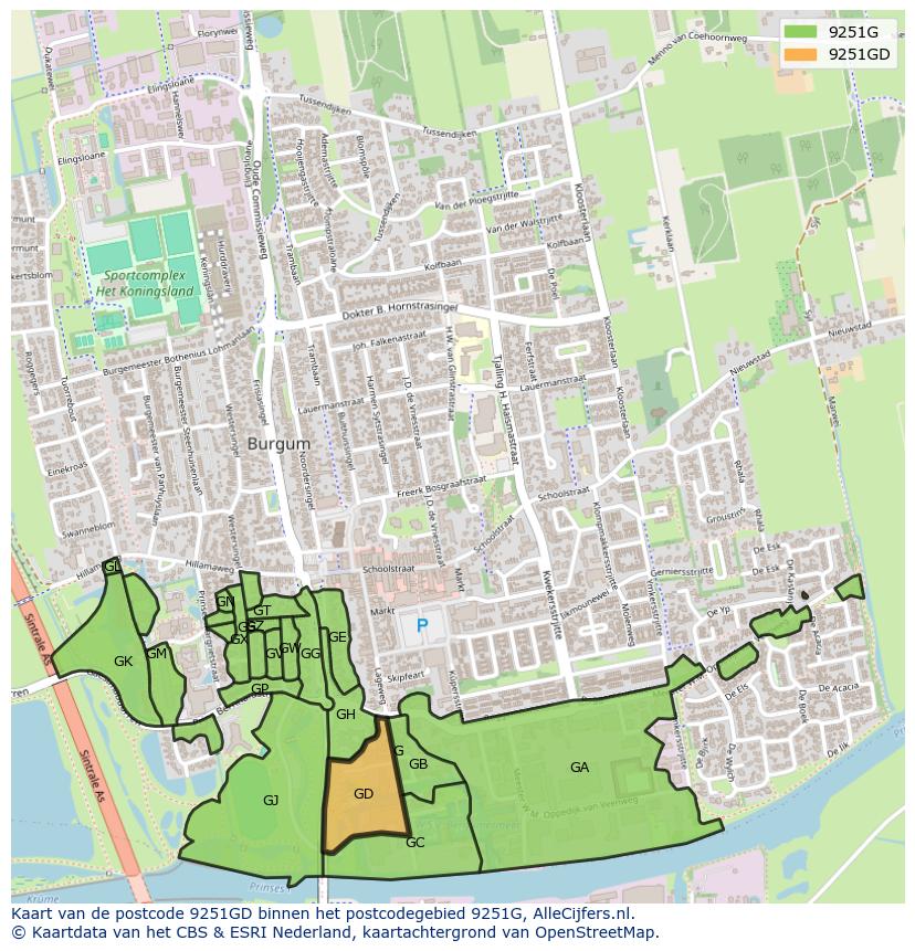 Afbeelding van het postcodegebied 9251 GD op de kaart.