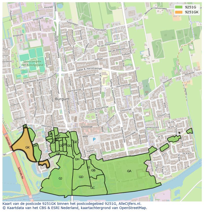 Afbeelding van het postcodegebied 9251 GK op de kaart.
