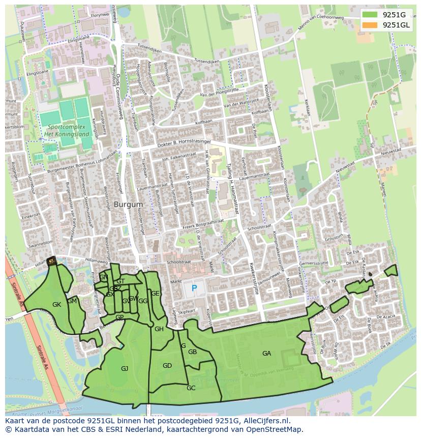 Afbeelding van het postcodegebied 9251 GL op de kaart.
