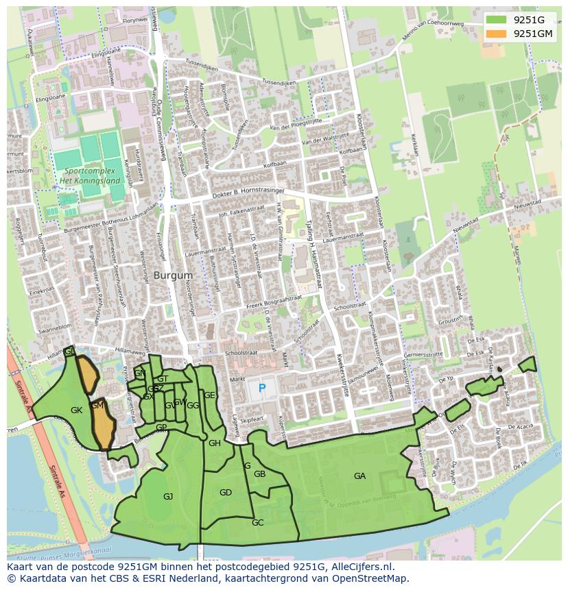 Afbeelding van het postcodegebied 9251 GM op de kaart.